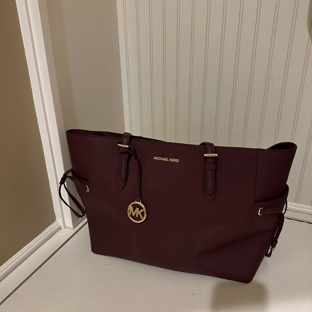 Michael Kors Burgundy Leather Tote with Gold MK Charm